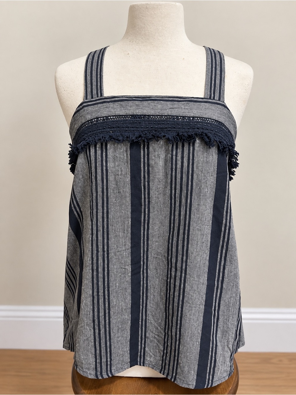 Doe & Rae Navy and Gray Striped Fringe-Trim Tank